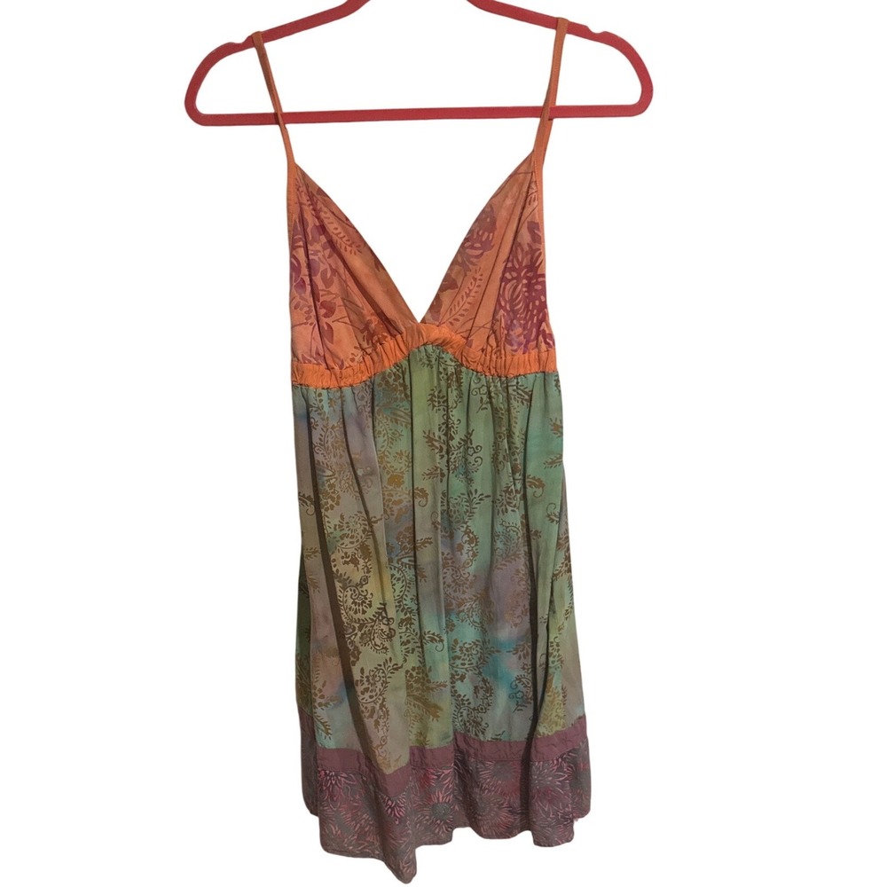 Santiki Womens XL Multi Color Batik Floral Rayon V-Neck Empire Waist Mini Dress
